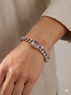 Orbital Rose Silver Curb Chain Bracelet – High-Shine Pink Glass Cabochons